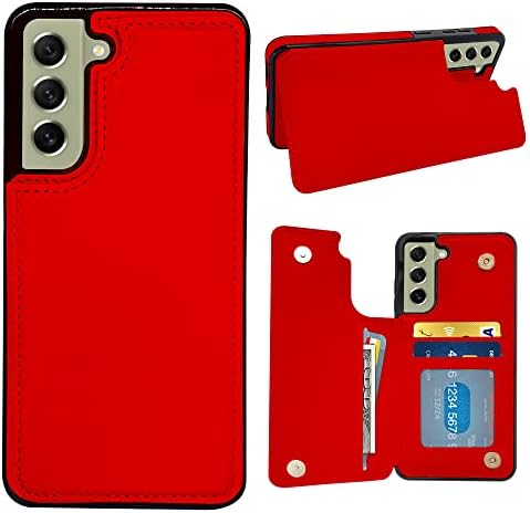24Nine para Samsung Galaxy S21 FE Caixa da carteira Fe com caixa 5G compatível com suporte de cartão, botões magnéticos duplos de couro PU Premium flip tampas à prova de choque FE, vermelho, 16 x 8 2 cm