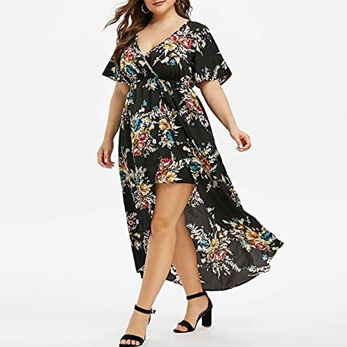 Vestido estampado floral de tamanho grande para mulheres V Vestido de verão no pescoço Vestido de verão dividido Alto vestido Maxi
