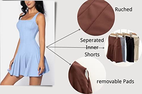 Vestido de tênis sem mangas do Qinsen Womens com shorts vestidos atléticos de pescoço quadrado com nervuras quadradas