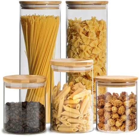 Recipientes de armazenamento de alimentos aéreos de Yuleer, 5 frascos de vidro com tampas, jarro de vidro para espaguete, doce, biscoito,