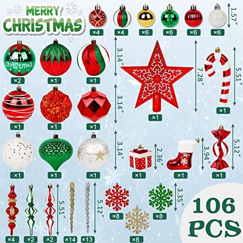 Ornamentos de árvores de bola de natal 106pcs de 106pcs, enfeites de Natal à prova de batedores vermelhos e verdes definidos