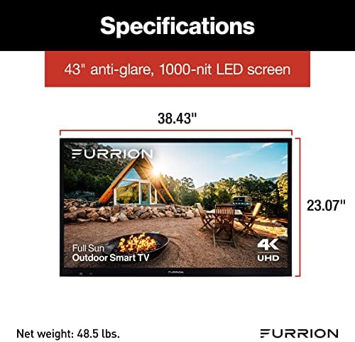 Aurora de 43 polegadas de 4k LED TV SMART LED LED-Televisão ao ar livre HDR10 à prova de intempéries HDR10 com tela LED anti-Glare, 1000 nit, vidro temperado, antenas externas para áreas de estar ao ar livre totalmente ensolaradas