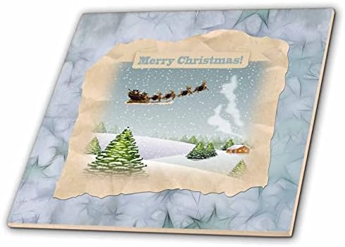 Imagem 3drose de Papai Noel, rena voando, país coberto de neve, Merry Chritmas - azulejos