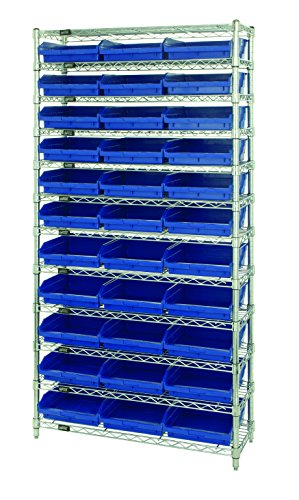 Sistemas de armazenamento quântico WR12-110BL Sistema completo de prateleiras de arame de 12 camadas com 33 caixas azuis QSB110, acabamento cromado, 18 largura x 36 comprimento x 74 altura