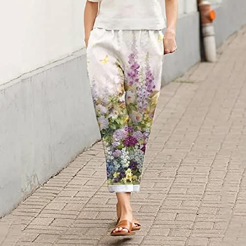 Calças de linho de algodão feminino, gráfico de moda de rua casual perna reta Palazzo Yoga Capris Summer Summer Trendy Cropped