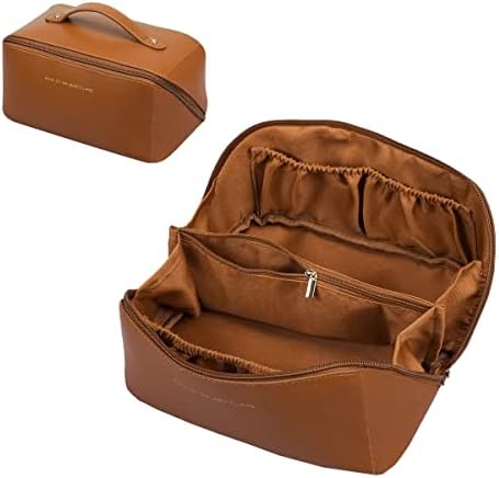 Yoanlayr grande bolsa cosmética de viagem, sacos de maquiagem de couro portátil para facilitar o acesso, sacos de