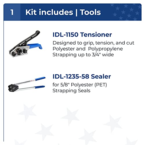 IDL Packaging USA Feed 5/8 x 200 'Kit de correção de poliéster, força de quebra de 1400 libras-ferramentas bem projetadas e confiáveis-alças e selos suficientes para 100 usos antes de recarga