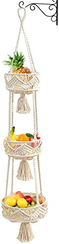 MOVNO 3 cesta de frutas penduradas de camada, cesta de macramas artesanais, cesta decorativa de frutas de macram