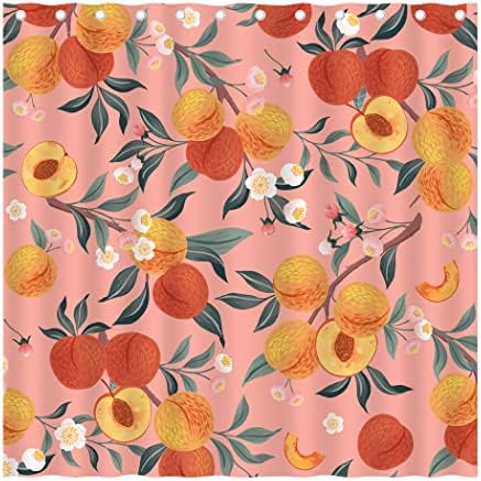 Cortina de chuveiro de pêssego, frutas rosa fofas laranja pêssego de damasco folhas de chuveiro colorido conjunto de cortina para banheiro, alover simples cortinas de chuveiro à prova d'água de pêssego com 12 ganchos, 72 × 72