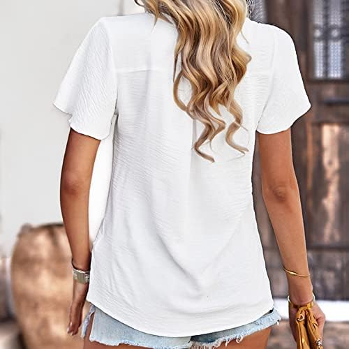 Camiseta da moda feminina V Botão de pescoço Ruched Tops Mangas de babados com blusas soltas de cor sólidas camisas casuais