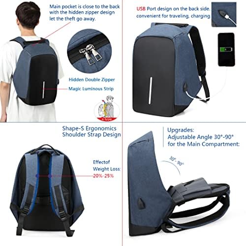 Mochila comercial anti-roubo com porta de carregamento USB/mochila leve laptop/resistente à água para homens e mulheres-azul