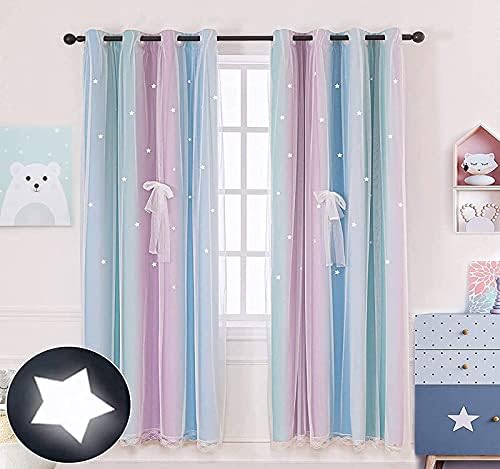 Cortinas Blackout Curtains Star colorido para crianças quarto garotas, cortina de renda da sala de princesa com gravatas, cortinas