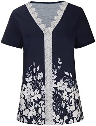 Camisa de blusa gráfica floral de manga curta V para garotas adolescentes outono de renda de renda de renda de renda