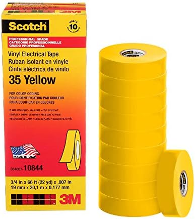 Fita elétrica de codificação de cor de vinil escocês 35, 3/4 em x 66 pés, amarelo, 10 rolos/caixa, 100 rolos/caixa