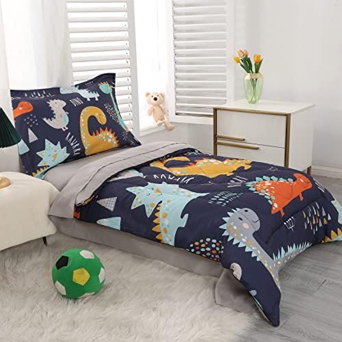 Bedding de criança do wowelife Conjunto para meninos, 4 peças Cama de dinossauro Cama Conjunto de cinza azul com edredom, lençol plano, lençol e travesseiro