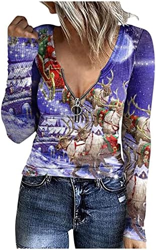 Suéteres femininos para vestir com leggings com zíper em zíper em camiseta de manga comprida de Natal de gola alta 2023