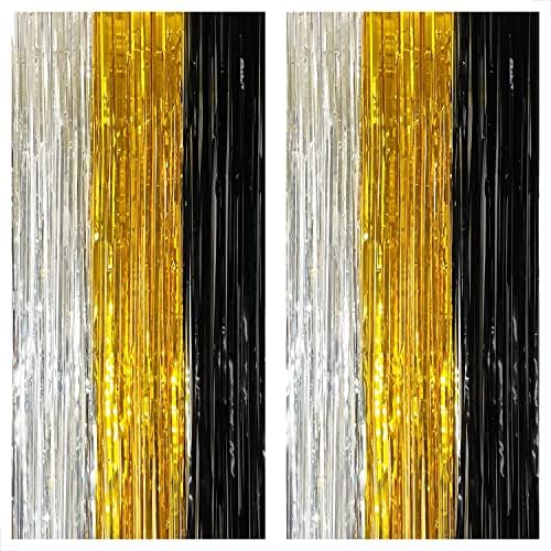 Xtriarge prata preta e dourada - 8x6,4 pés, pacote de 6 | Cortinas de cenário de ouro prateado preto | Fladers preto e dourado