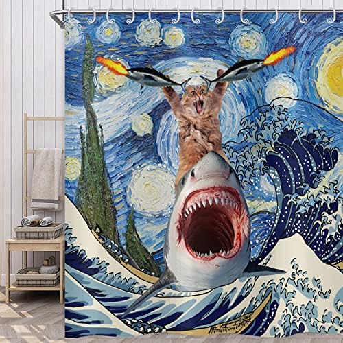 Cortina de chuveiro de crianças engraçadas de asdcxz, gato fresco e tubarão -baleia japonesa kanagawa onda oceânica decoração de banheiro azul de tecido impermeável ponderado com ganchos