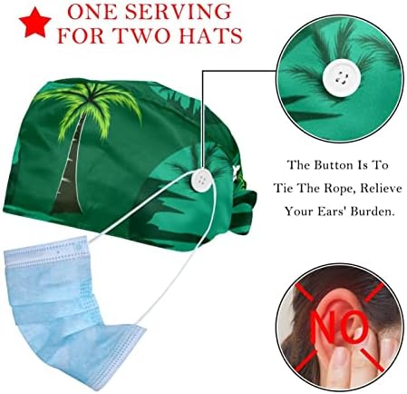 2 peças que trabalham tampas com botão amarra de costas para trás chapéus bouffant tampa de cabelo respirável, palmeira verde