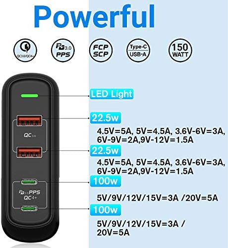 150W Estação de carregamento USB C, carregador rápido de 4 portas para smartphone e laptop, adaptador de carregador USB-C 100W,