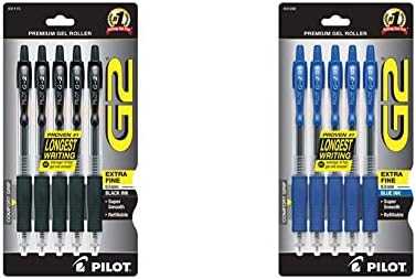 Pilot G2 Premium recarregável e retrátil Rolling Gel Canelas, tinta preta, 5-pacote e G2 Reabastecido premium e canetas de gel de bola de rolagem retráteis, ponto extra, tinta azul, 5-pacote