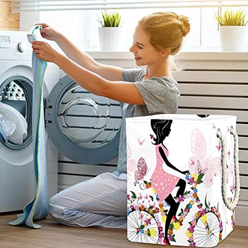 Cesta de lavanderia com alça de corda, brinquedos de borboleta romântica e organização de roupas de menina cesto de lavanderia