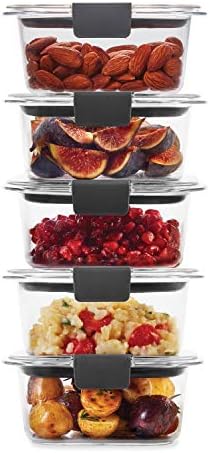 Recipientes de armazenamento de alimentos de brilho de 10 peças Rubbermaid com tampas, 1,3 xícara, clear/cinza e brilho de vidro