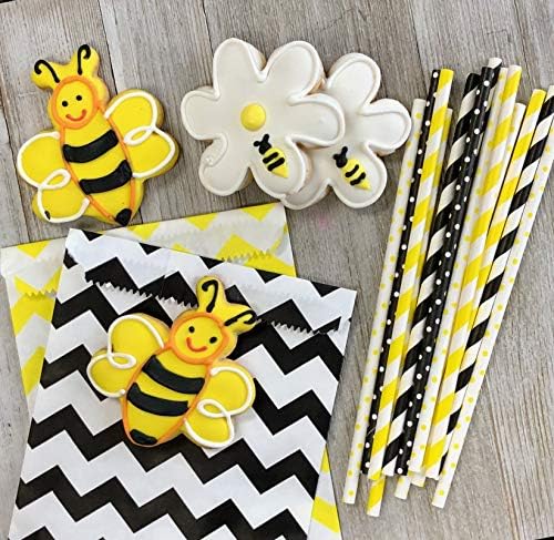 Fora dos papéis da caixa, tema de abelha listrado e bolinhas de papel canudos 7,75 polegadas 100 pacote preto, amarelo, branco
