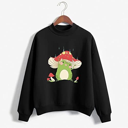 Oplxuo Kawaii Cogumelos e moletom de estampa de sapo para mulheres meninas adolescentes tops fofos estéticos pullover pullover de pullacha comprida camisa de manga comprida