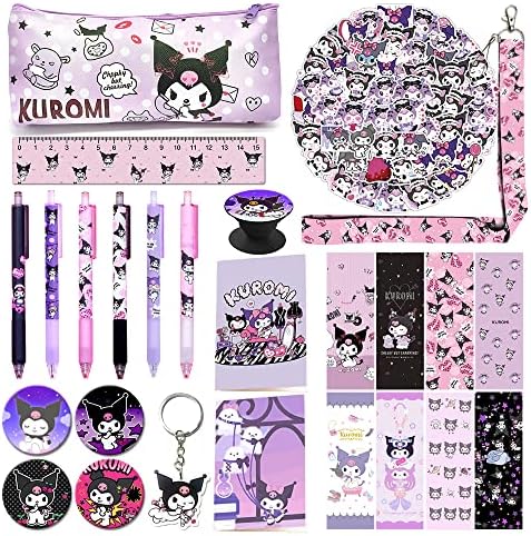 Kuromi School Supplies Gift Set, incluindo notebook Pens de capa de caneta Botão PINS Lanyard Keychain Régua Bookmarks Titular