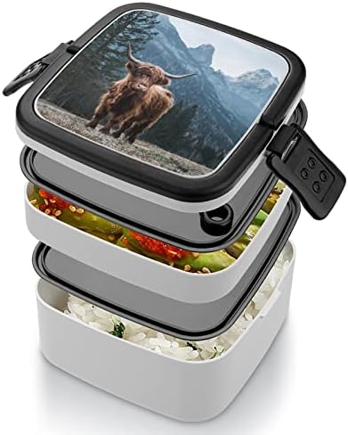 Gado das terras altas na caixa de lancheira Dolomitas italianas Bento Box de camada dupla portátil Bento Caixa de grande capacidade Recipiente de alimentos com colher