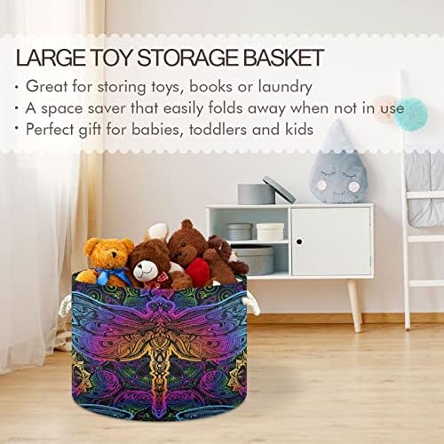 Cesto de armazenamento grande alaza para brinquedos arco -íris colorido libélula étnica cesta redonda cesta bebê lavanderia