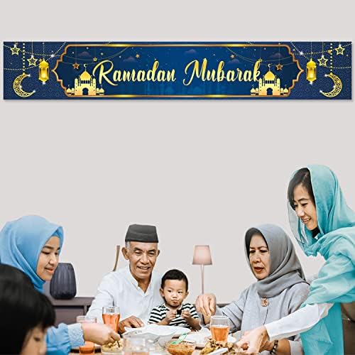 Ramadã Mubarak Decorações, Banner de tecido de ouro azul de 120 × 20 polegadas com balões de 18pcs para decoração de festas