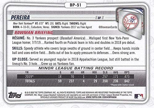 2020 Bowman Prospects Paper Baseball #BP-51 Everson Pereira New York Yankees Official 1º Primeiro Bowman MLB Trading Card da Topps Company em condição bruta