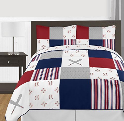 Doce JoJo Designs Red, Branco e Azul Patch Sports Boy Full/Queen Kid Teen Bedding Conjunto - 3 peças - Greia de retalhos de retalhos