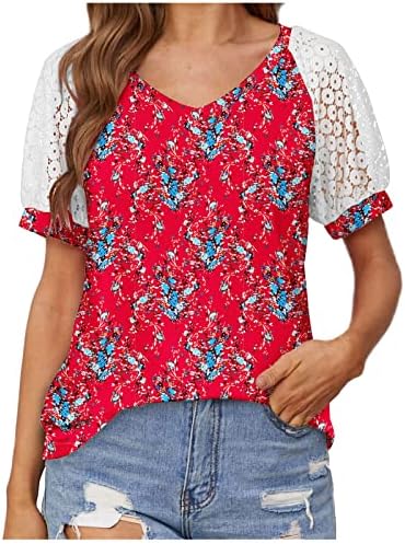 Tamas de manga curta de renda feminina de verão V Camisa elegante de uma camiseta fofa gráfico de flores solto casual tee casual