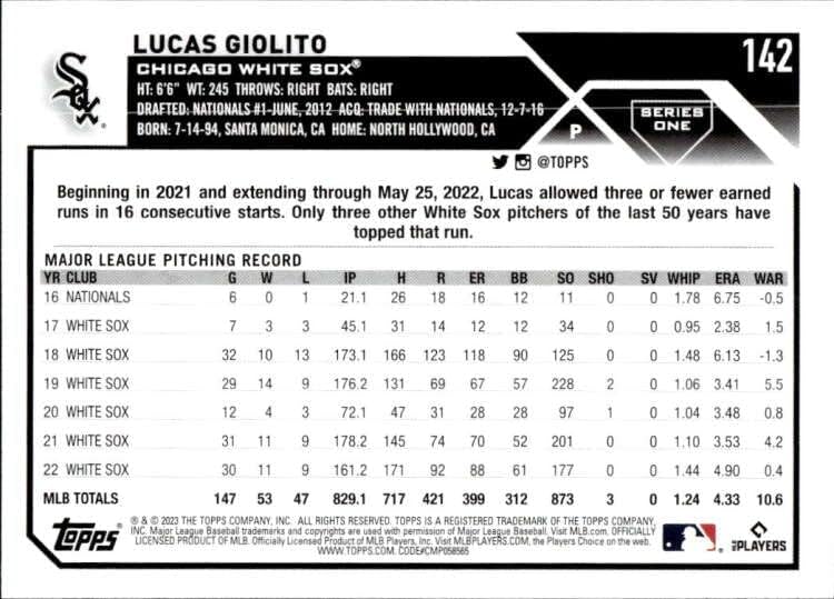 2023 Topps #142 Lucas Giolito Chicago White Sox Série 1 MLB Baseball Trading Card