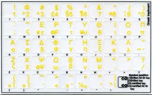 Etiquetas de teclado grego de 4keyboard com letras amarelas em fundo transparente