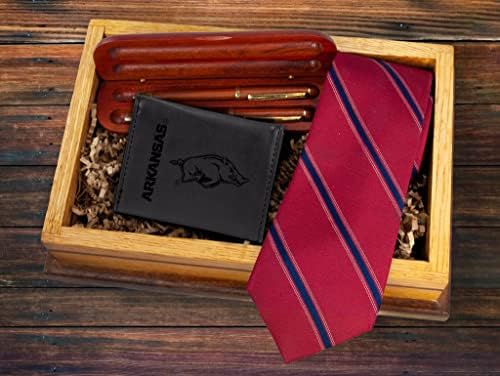 NCAA Arkansas Razorbacks Premium Laser Premier Gravado Vegan Black Leather Tri Fold Wallet - Design Slim, mas Sturdy - Perfeito para mostrar seu orgulho ou presente de equipe