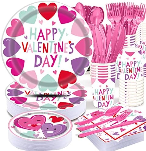 Pammyan Day Day Heart Tableware para crianças, 25 Conjunto de utensílios descartáveis ​​- Placas de papel guardanapos de xícaras,