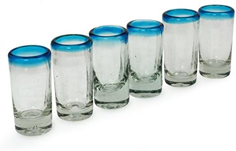 Novica soprada a mão clara Blue Rim Recycled Glass Shot Glasses, 3 oz 'Aquamarine'