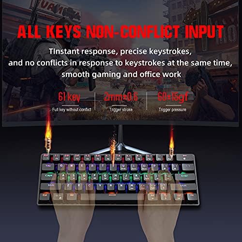 Firado 60% do teclado mecânico de jogos Mini portátil com arco-íris retroilumado anti-ghosting completo 61 key ergonomic