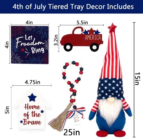 DAZONGE 4th of July Patriotic Decorations - 4th of July Gnome Tiered Tray Decor - 3 Patriotic Wood Signs, 1 Plush Gnome and 1