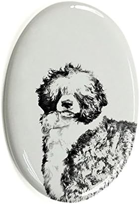 Cão de água português, lápide oval de azulejo de cerâmica com uma imagem de um cachorro