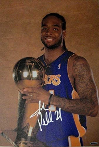 Josh Powell assinado à mão autografada 13x20 Canvas Los Angeles Lakers com troféu UDA - Auto -autografada da NBA Art