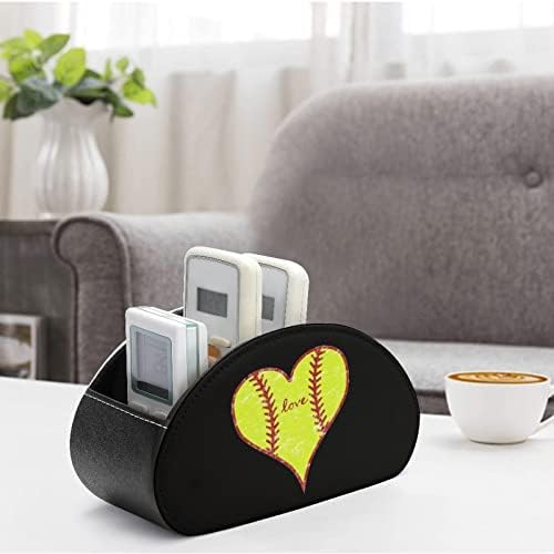 Love Softball Heart Heart Leather Remote Control Holder Funny Caddy Storage Box Desktop Organizador com 5 compartimentos