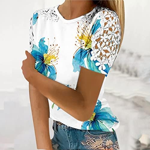 Tops femininos de verão tees estampados florais de renda de crochê curta de manga curta camisetas casuais casuais camisetas