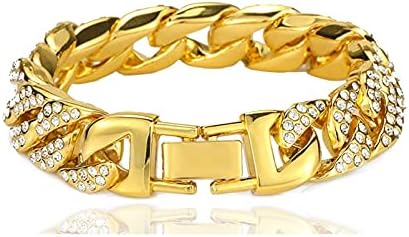 Fusamk Hip Hop Batilhado 18K Bracelete de cristal de corrente cubana de ouro de 18k, pulso do pulso de 9,0