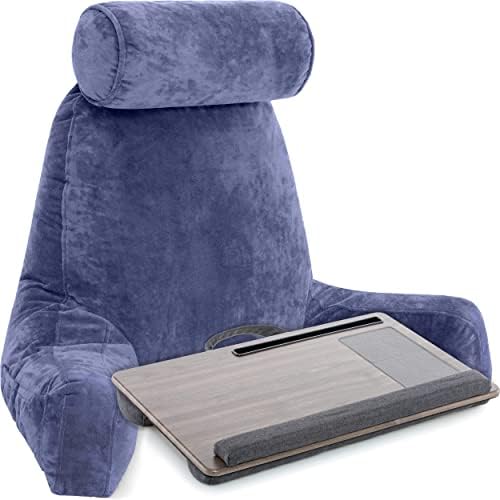 Combo de travesseiro do marido - travesseiro de encosto com braços: xxl azul escuro e laptop dobrável Bandeja: cinza - espuma de