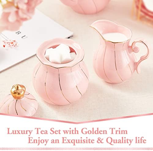 Conjunto de creme e açúcar Dujust, design britânico de luxo em acabamentos dourados, 1 tigela de açúcar com tampa, 1 creme, cremes de açúcar artesanal, decoração para cozinha - rosa
